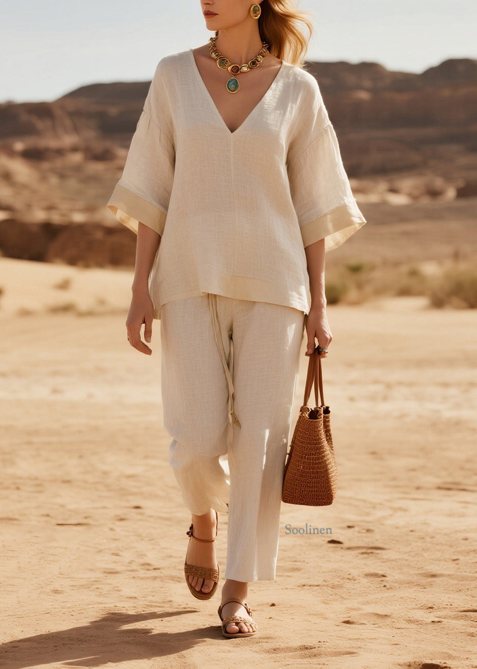 Loose V Neck Patchwork Casual Linen Two Piece Suit Set Summer