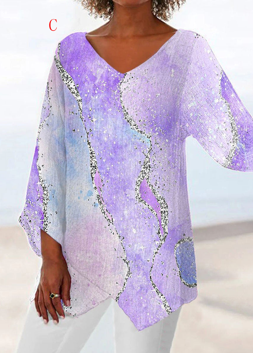 Loose V Neck Print Asymmetrical Design Cotton Top Summer