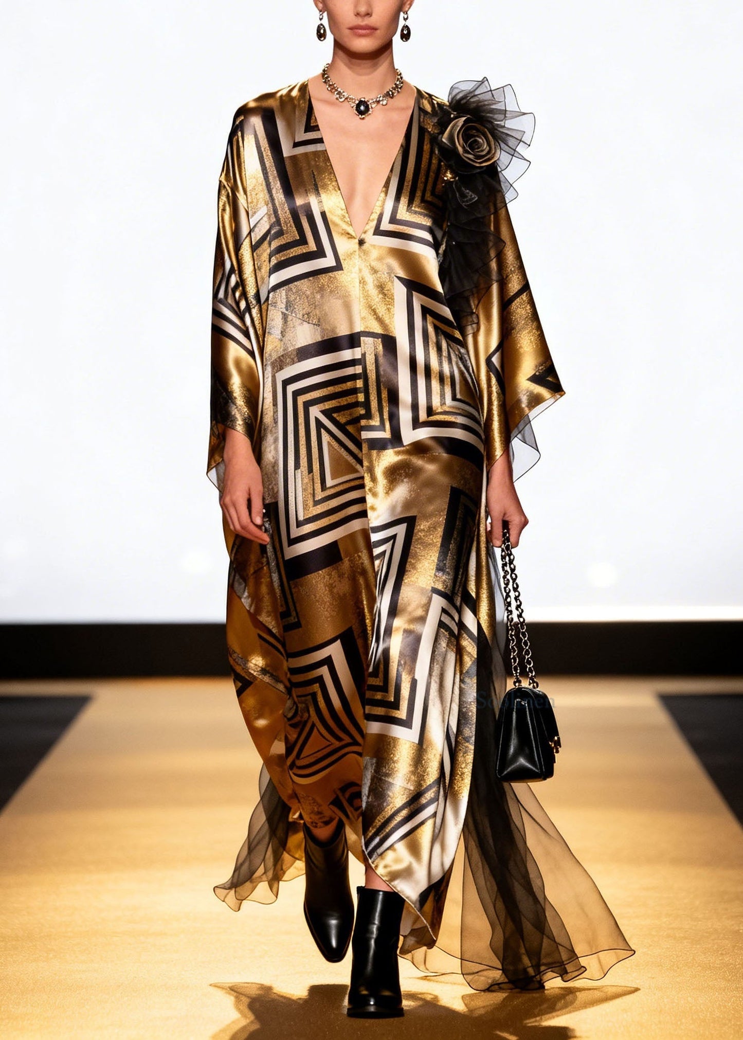Loose V Neck Print Floral Patchwork Silk Long Dress Spring