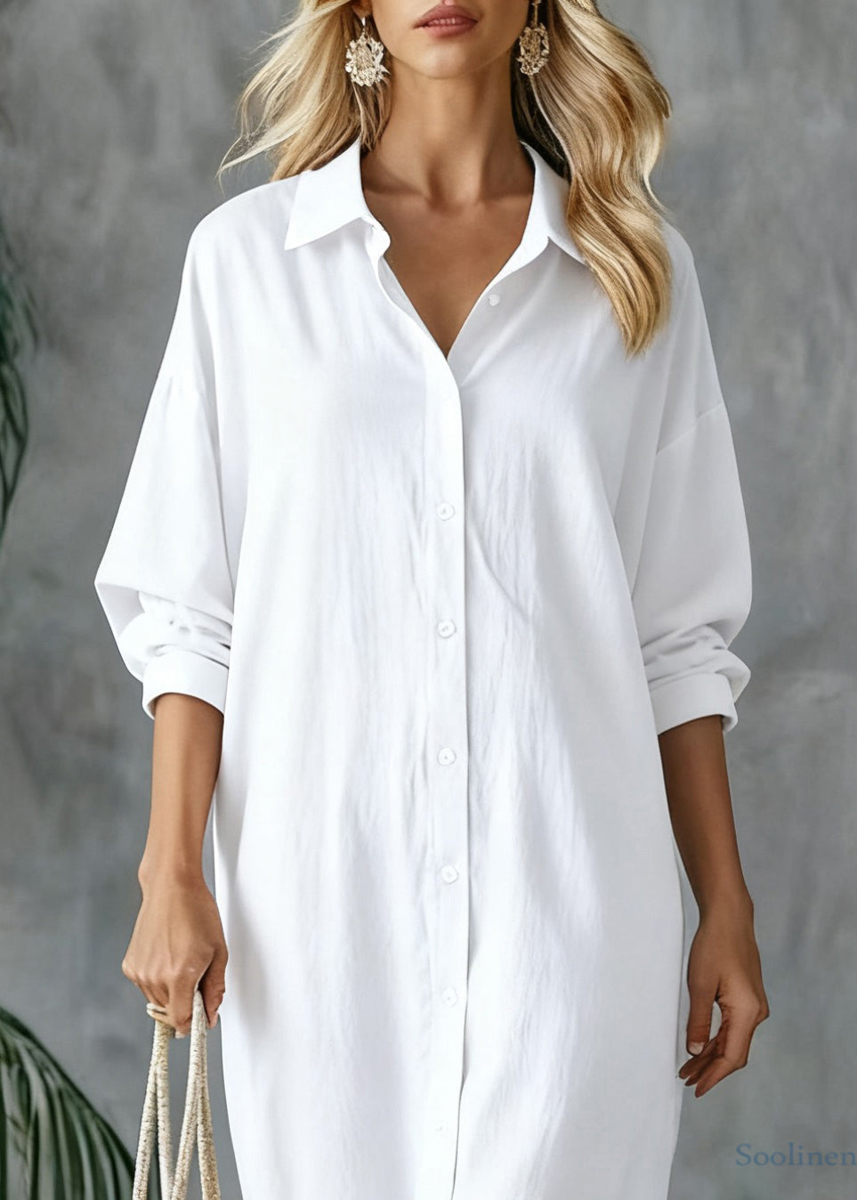 Loose White Peter Pan Collar Button Side Open Linen Shirts Dresses Spring