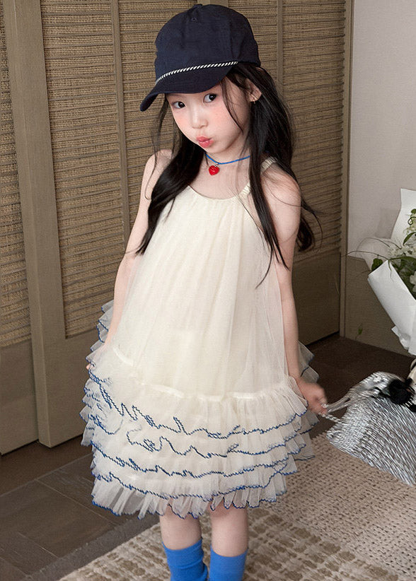 Lovely Apricot Ruffled Patchwork Tulle Girls Long Spaghetti Strap Dress Summer