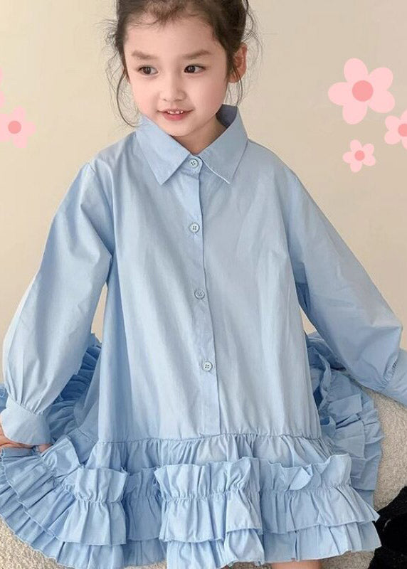 Lovely Blue Peter Pan Collar RuffledKids Girls Long Shirt Dress Spring