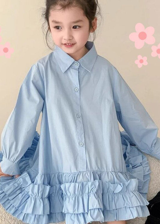 Lovely Blue Peter Pan Collar RuffledKids Girls Long Shirt Dress Spring