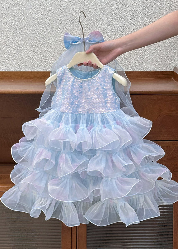 Lovely Blue Sequins Patchwork Tulle Girls Maxi Dress Summer