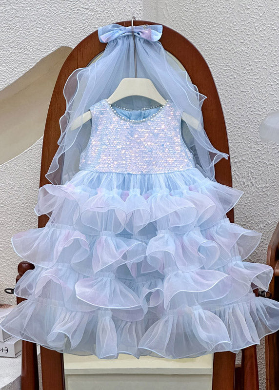 Lovely Blue Sequins Patchwork Tulle Girls Maxi Dress Summer
