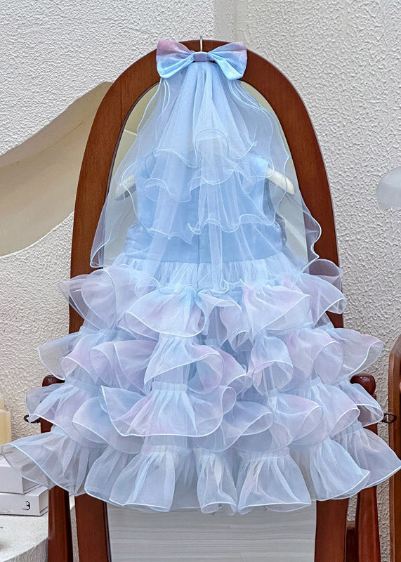 Lovely Blue Sequins Patchwork Tulle Girls Maxi Dress Summer