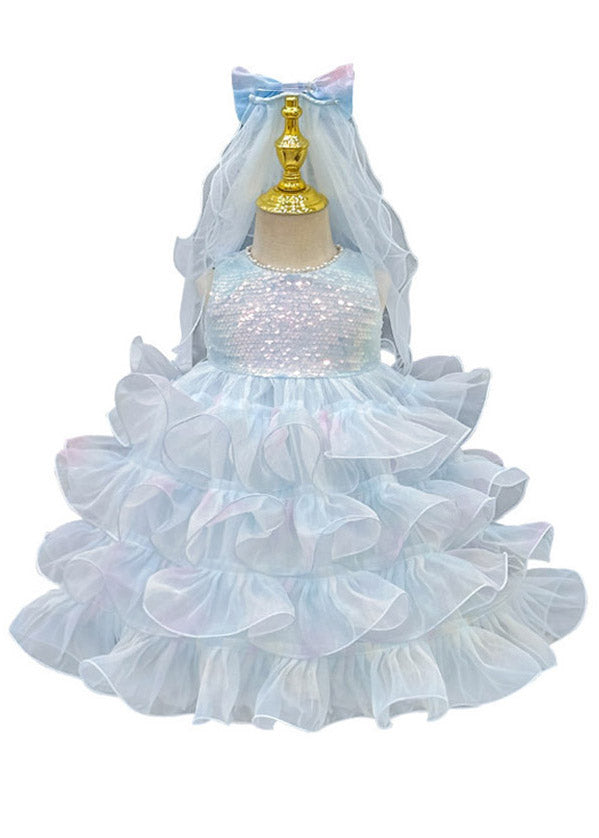 Lovely Blue Sequins Patchwork Tulle Girls Maxi Dress Summer