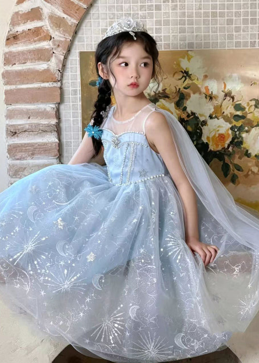 Lovely Blue Sequins Pearl Tulle Kids Girls Robe Dresses Summer