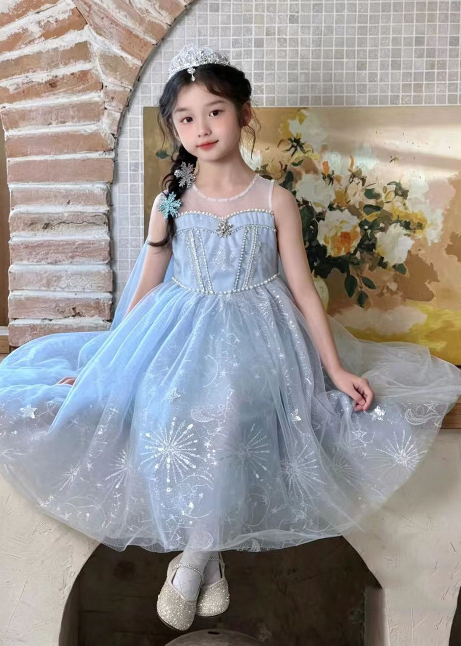 Lovely Blue Sequins Pearl Tulle Kids Girls Robe Dresses Summer