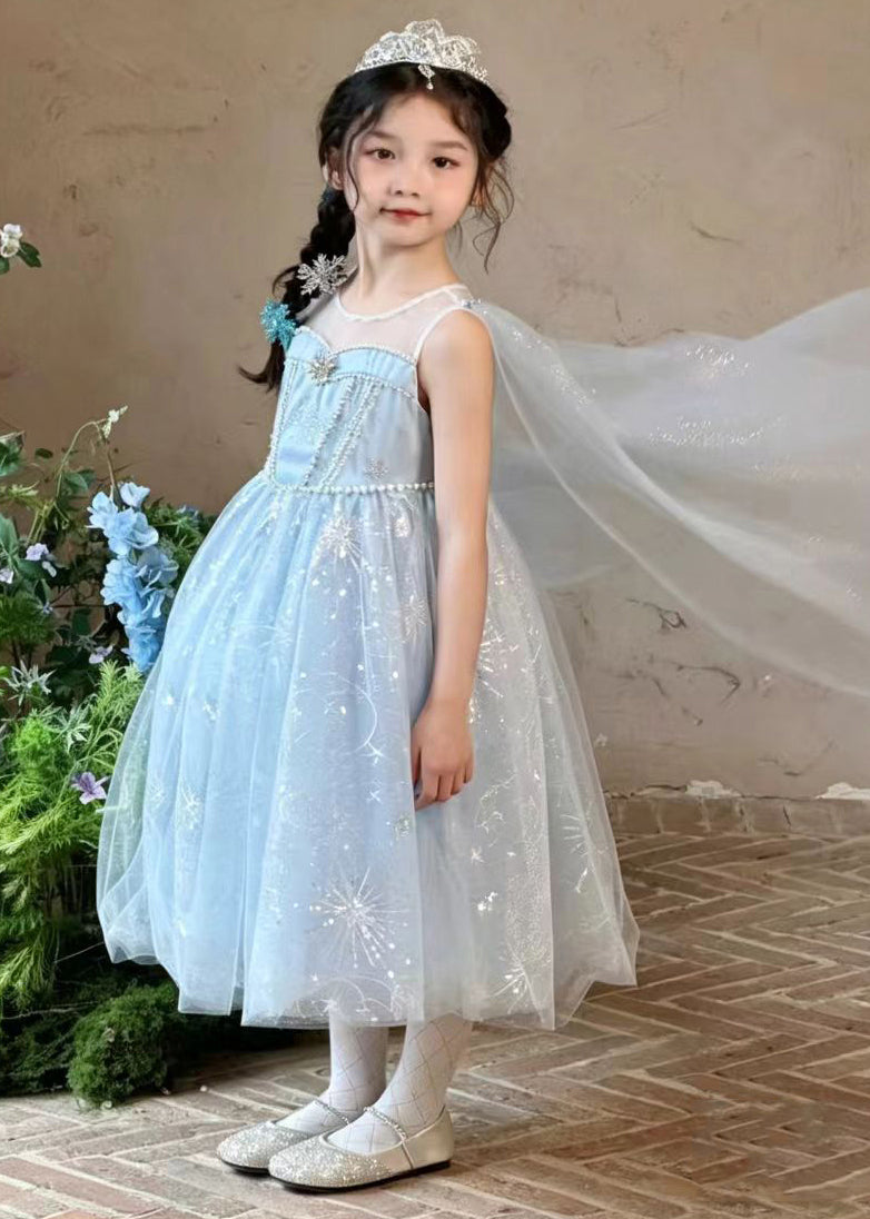 Lovely Blue Sequins Pearl Tulle Kids Girls Robe Dresses Summer