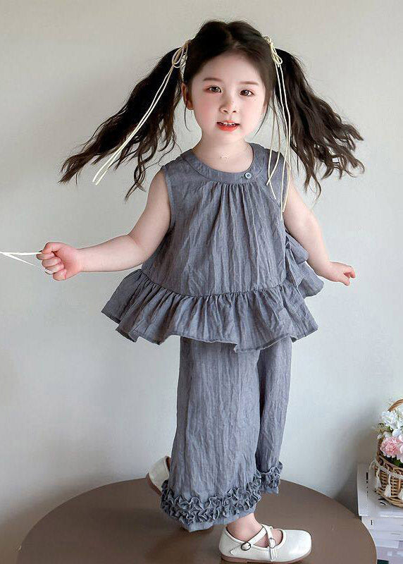 Lovely Grey Ruffled Patchwork Kids T Shirt And Crop Pants Two Piece Set Sleeveless