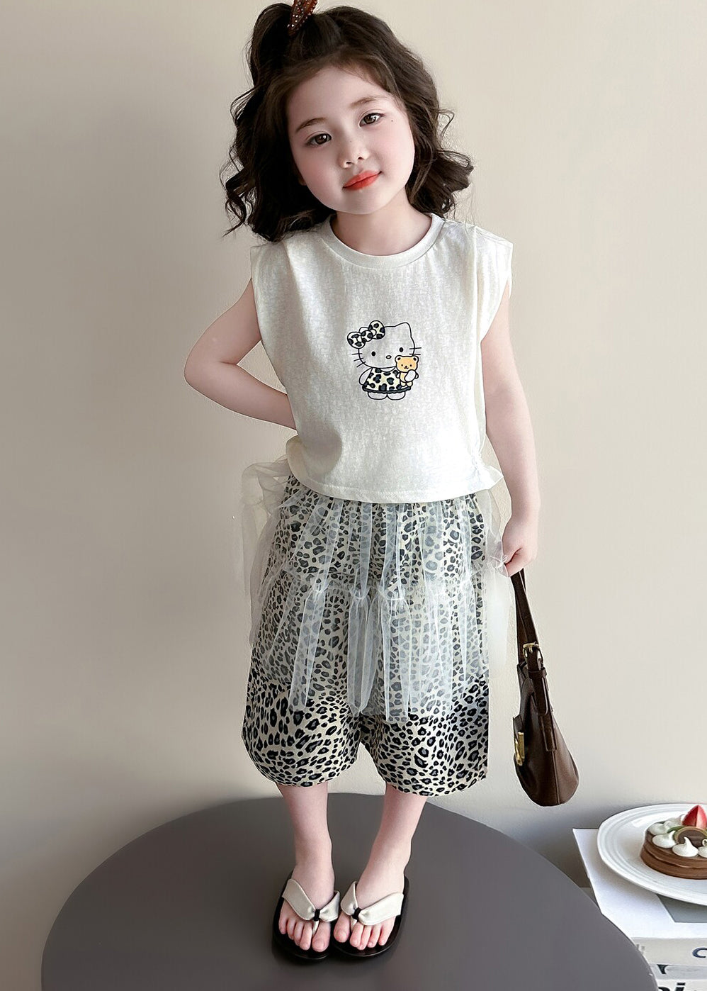 Lovely Oversized Leopard Print Cotton Baby Girls Three Pieces Set Summer