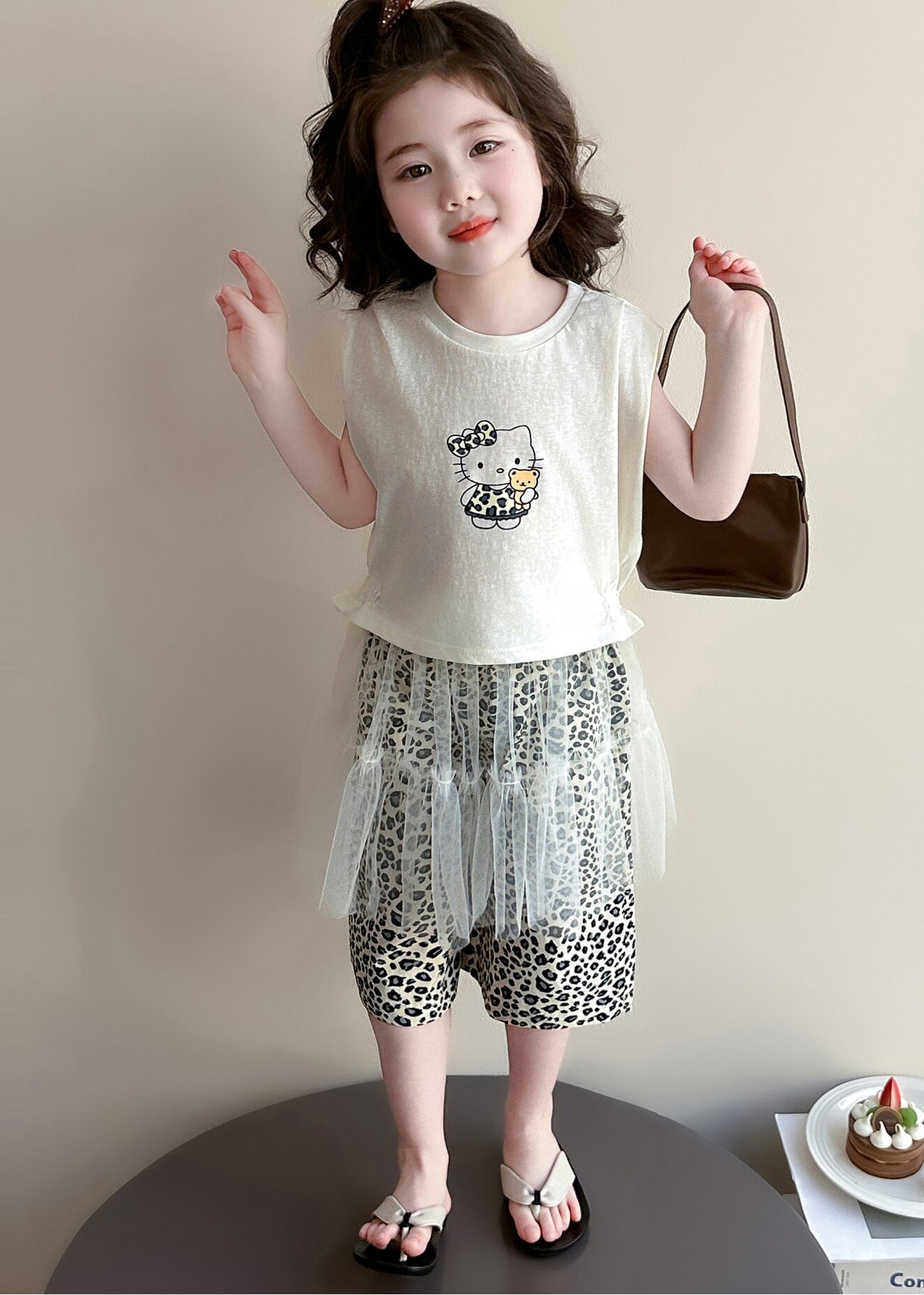 Lovely Oversized Leopard Print Cotton Baby Girls Three Pieces Set Summer