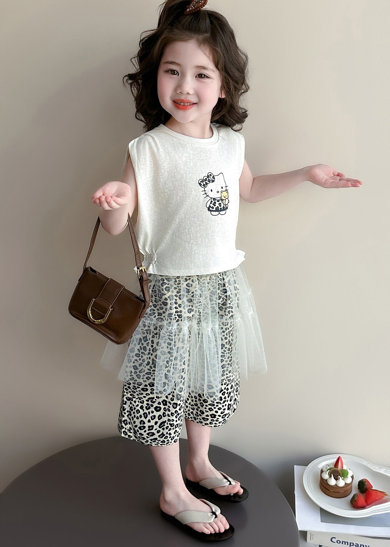Lovely Oversized Leopard Print Cotton Baby Girls Three Pieces Set Summer