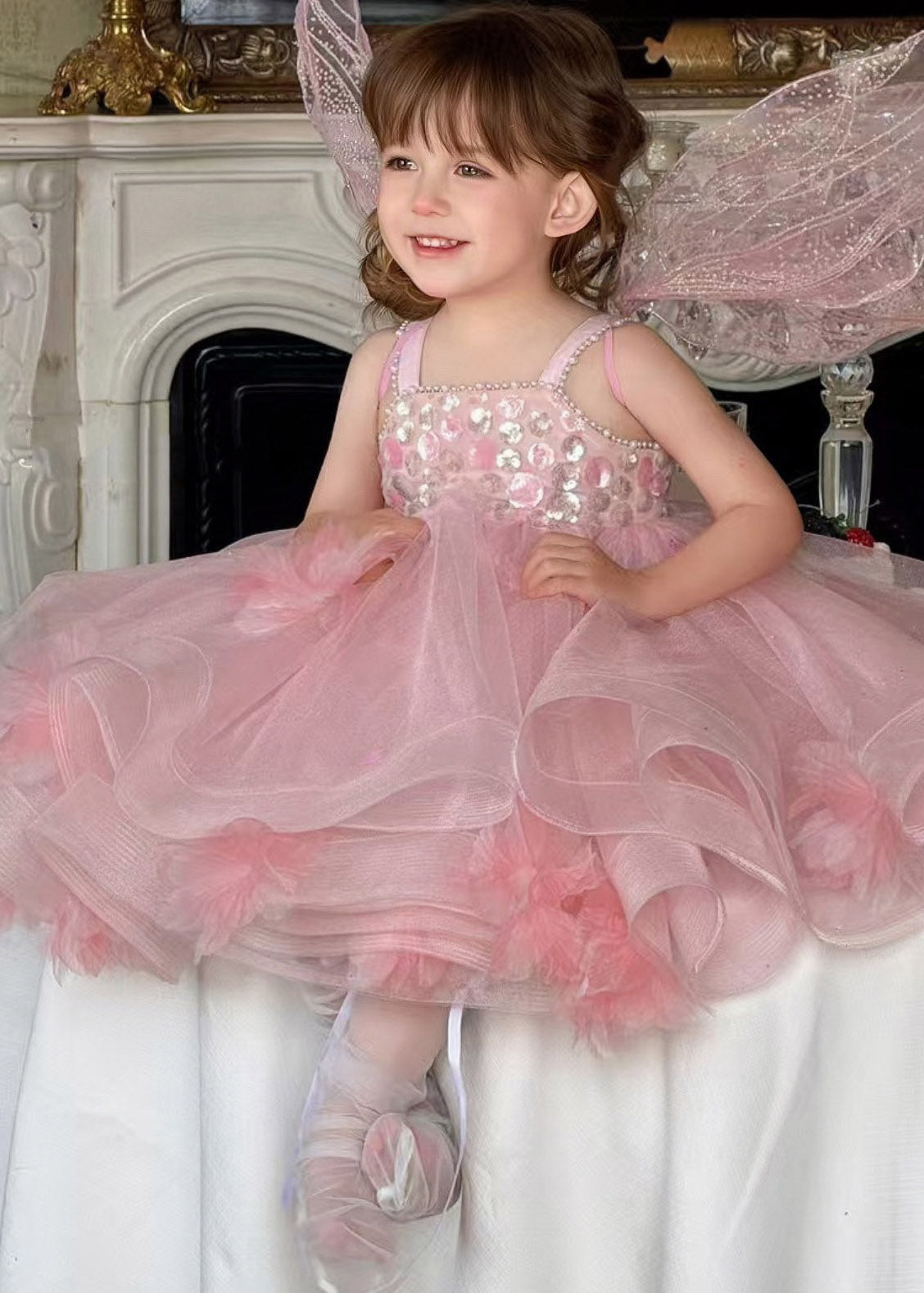 Lovely Pink Embroideried Patchwork Tulle Girls Long Spaghetti Strap Dress Sleeveless