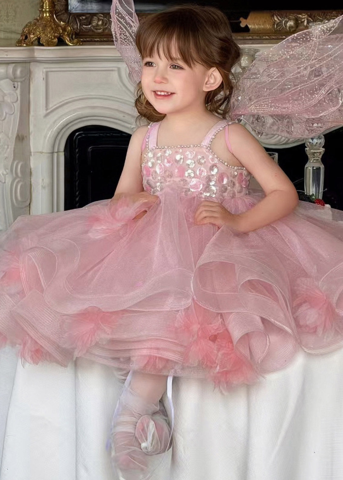 Lovely Pink Embroideried Tulle Kids Long Spaghetti Strap Dress Summer