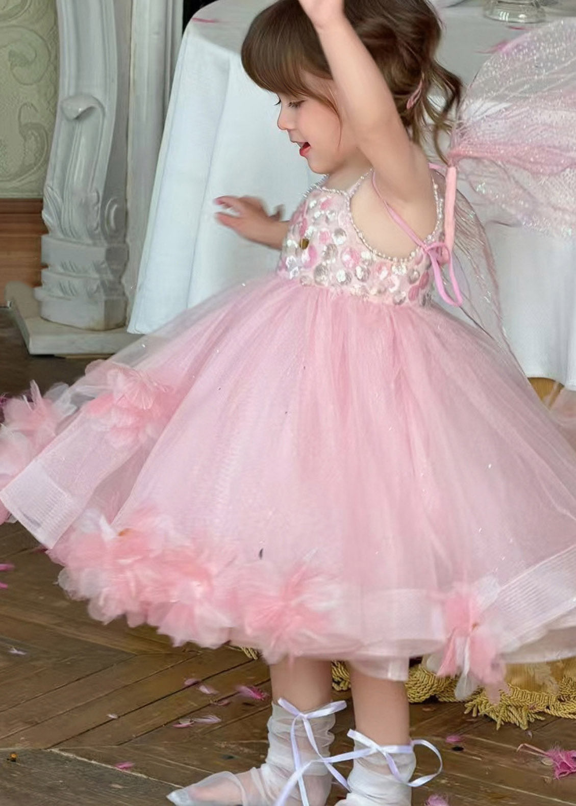 Lovely Pink Embroideried Tulle Kids Long Spaghetti Strap Dress Summer