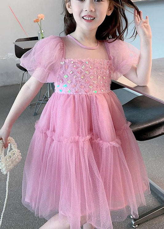 Lovely Pink Ruffled Patchwork Tulle Kids Maxi Dress Summer