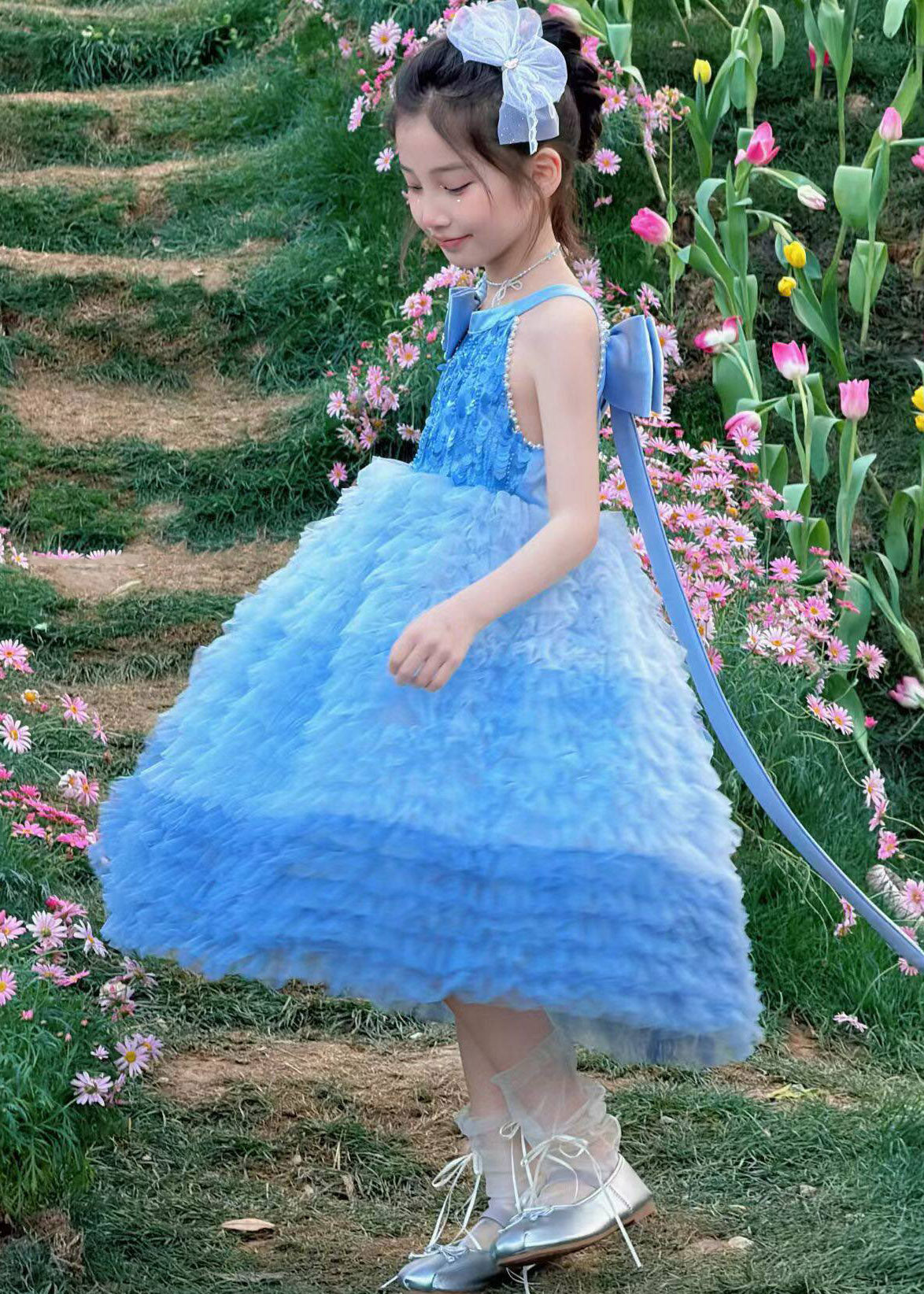 Lovely Pink Sequins Bow Tulle Baby Kids Long Dress Sleeveless