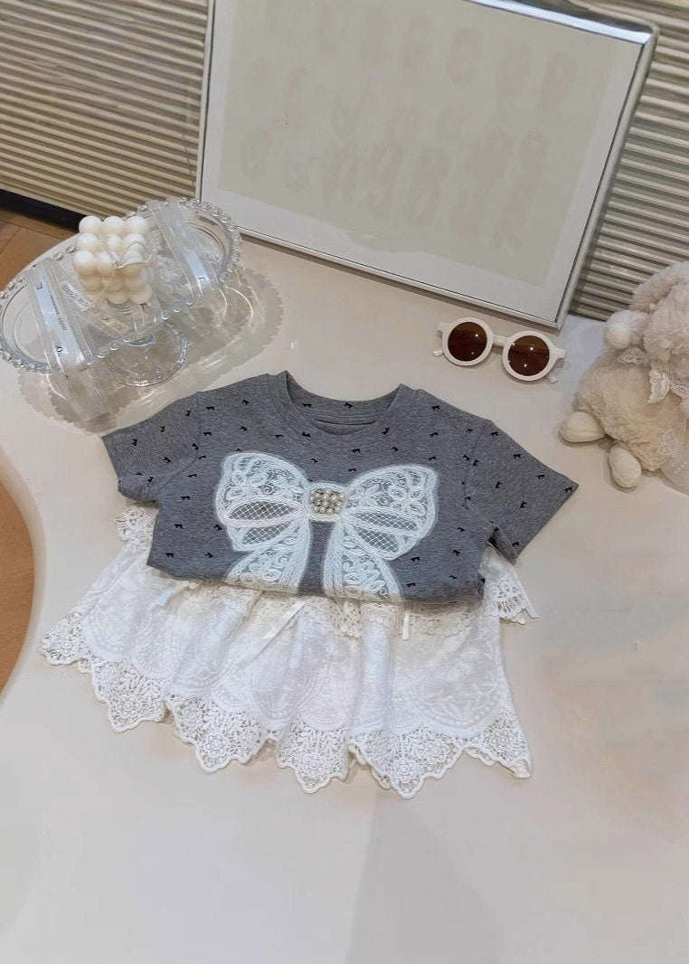 Lovely Print Kids Top And Skirts Two Piece Set Short Sleeve