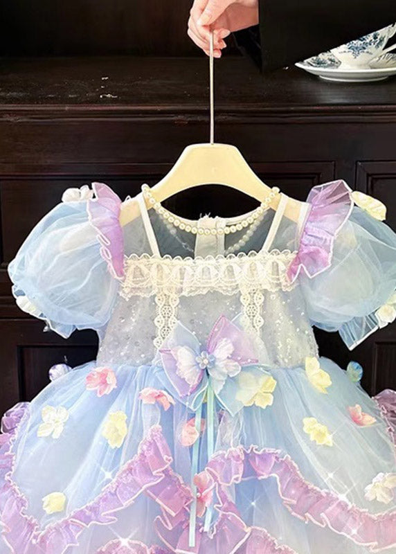 Lovely Purple V Neck Floral Tulle Girls Maxi Dress Short Sleeve