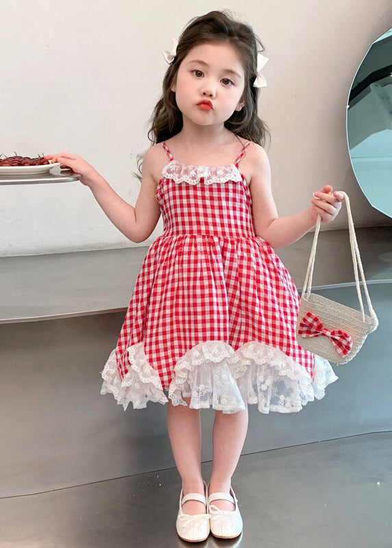 Lovely Red Plaid Patchwork Lace Kids Girls Spaghetti Strap Dress Summer