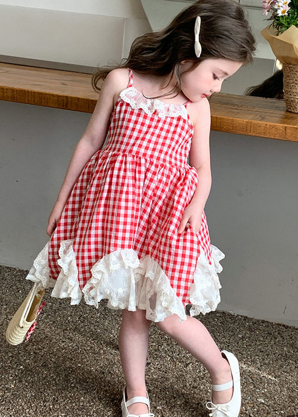 Lovely Red Plaid Patchwork Lace Kids Girls Spaghetti Strap Dress Summer