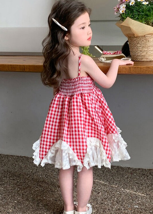 Lovely Red Plaid Patchwork Lace Kids Girls Spaghetti Strap Dress Summer