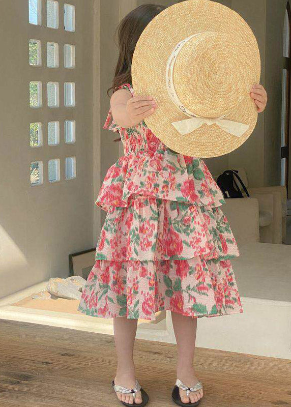 Lovely Square Collar Print Patchwork Girls Long Spaghetti Strap Dress Summer