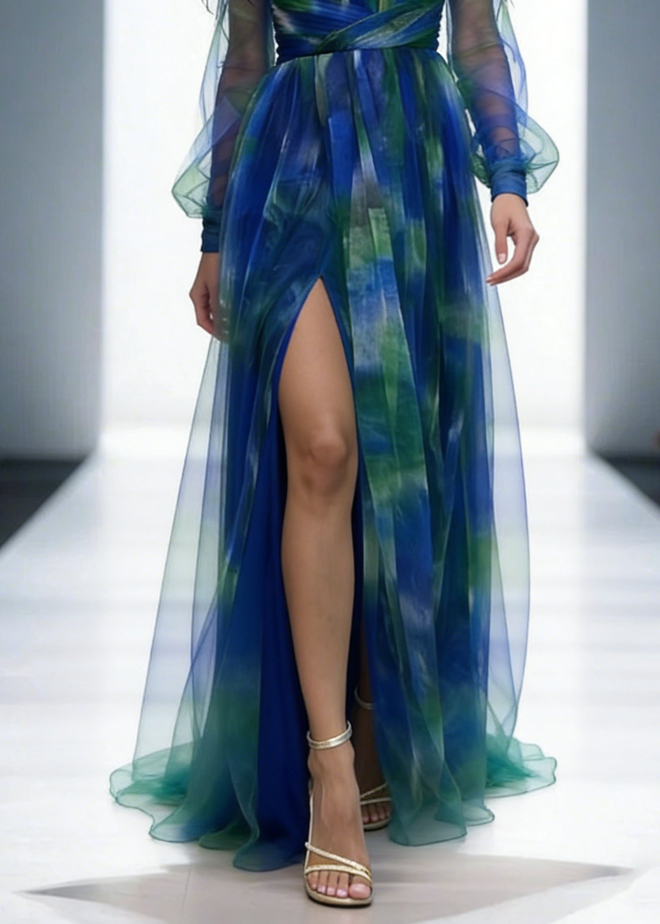 Mesh Tulle Floral Off Shoulder Pleated Slit Evening Maxi Dress