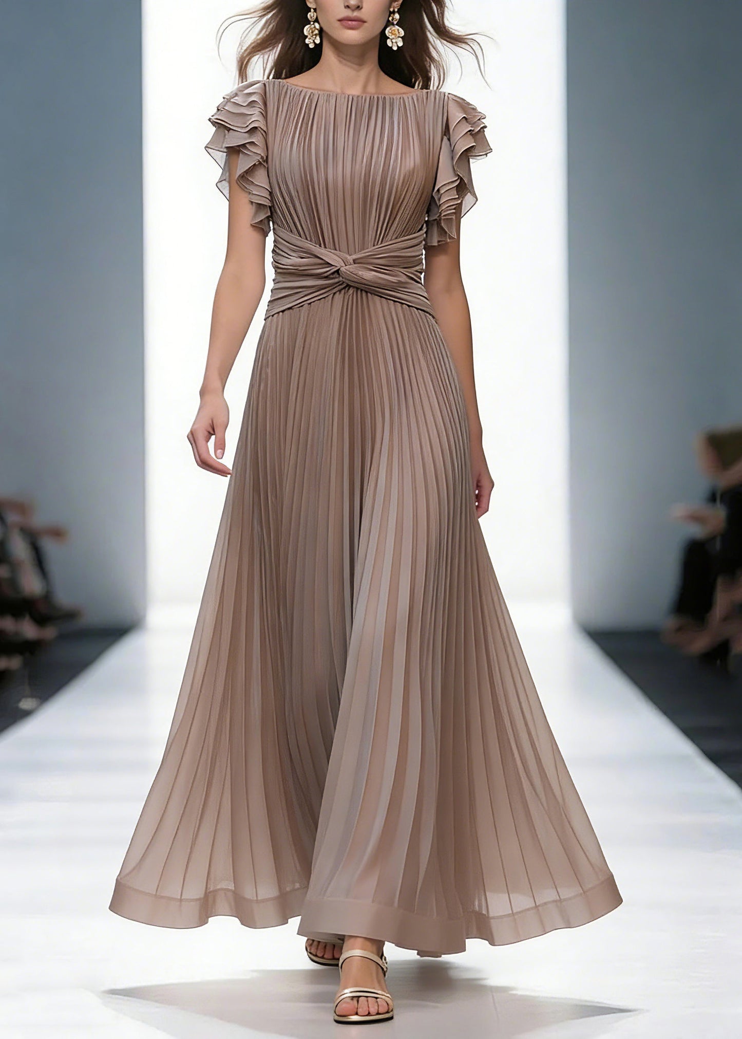 Mocha Elegant Queen Pleated Ruffle Sleeve Cross Waist Maxi Dress