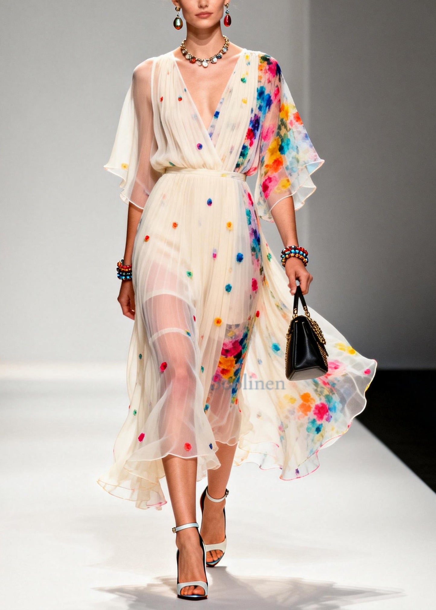 Modern Apricot V Neck Patchwork Chiffon Ankle Dress Summer