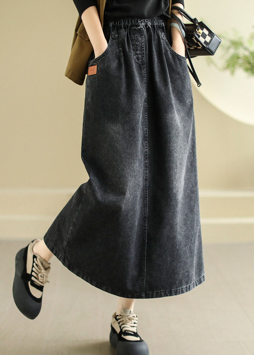 Modern Black Pockets Patchwork Elastic Waist Denim Skirt Spring