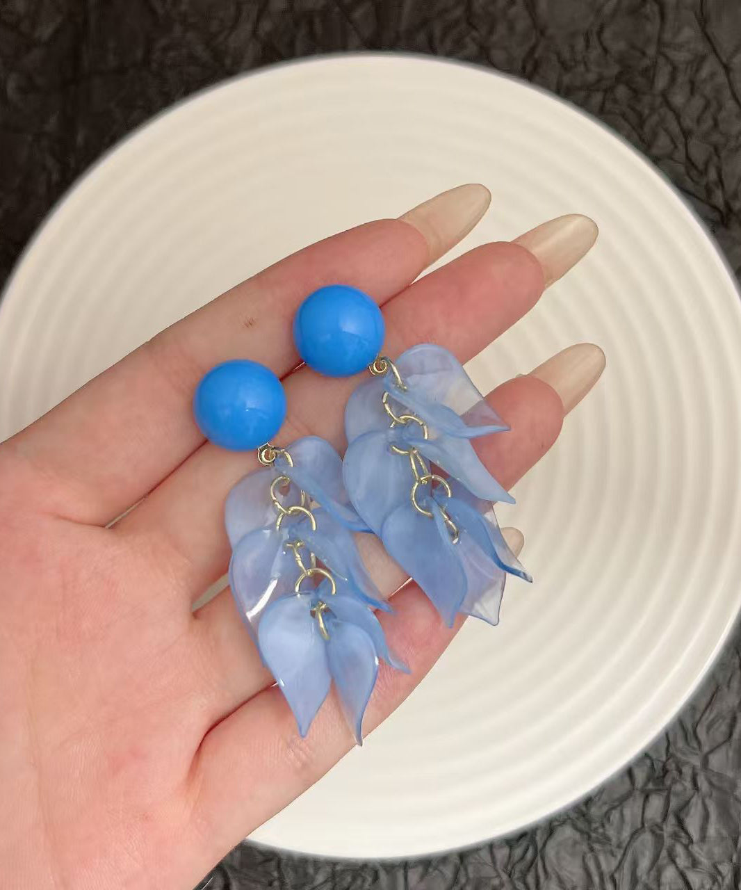Modern Blue Alloy plastic Petal Tassel Drop Earrings