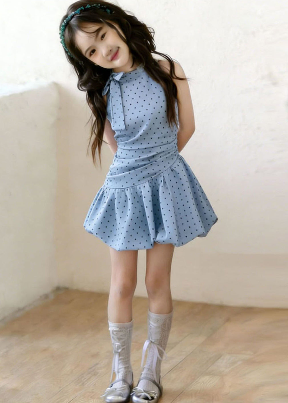 Modern Blue Asymmetrical Dot Print Cotton Baby Girls Shift Dress Summer