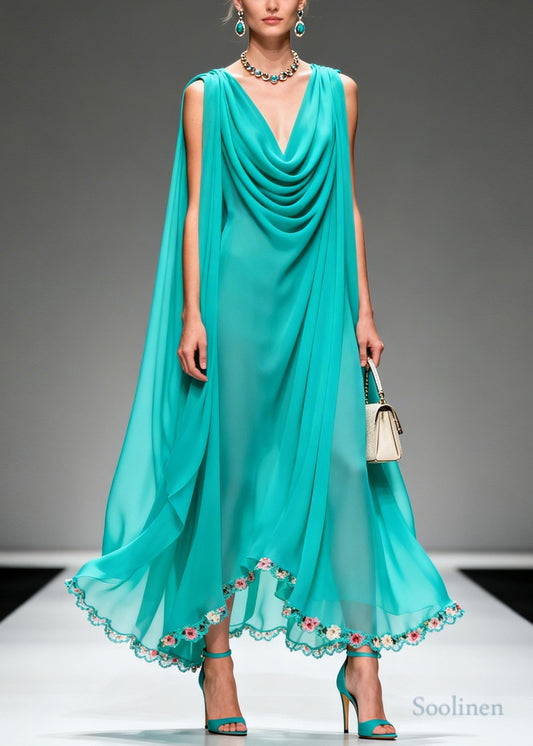 Modern Blue Oversized Wrinkled Flower Chiffon Long Dress Summer