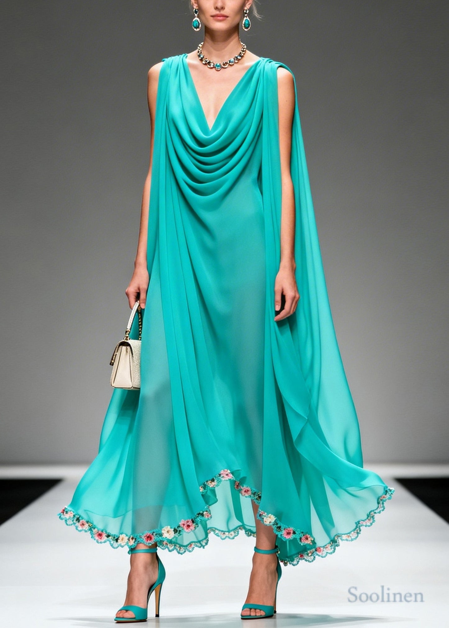 Modern Blue Oversized Wrinkled Flower Chiffon Long Dress Summer