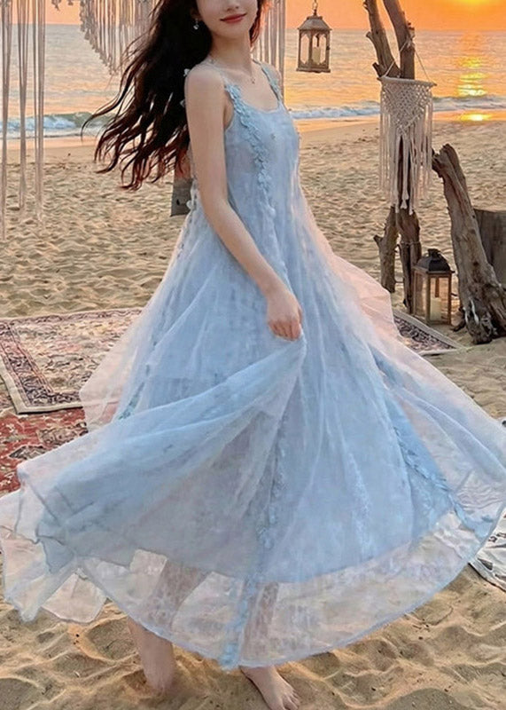 Modern Blue Patchwork Floral Butterfly Holiday Tulle Long Dress Summer