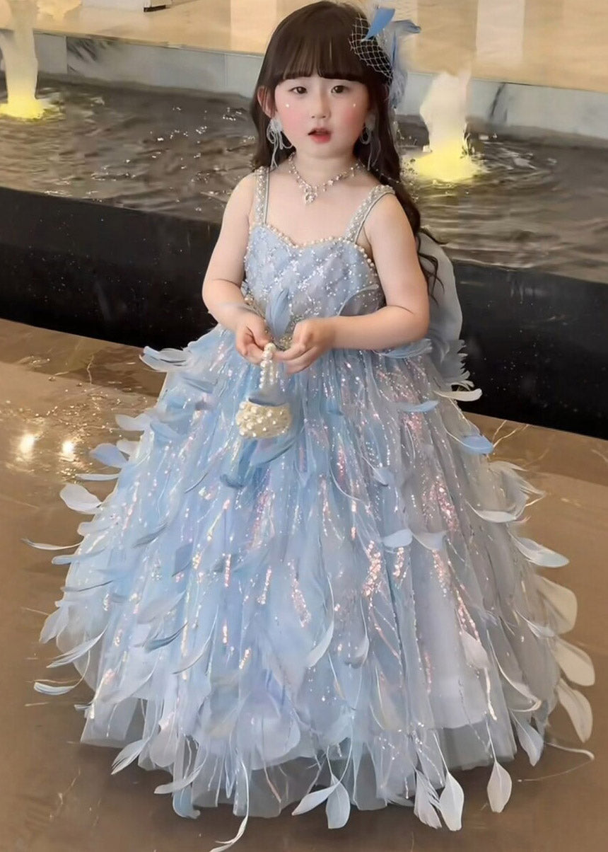 Modern Blue Pearl Patchwork Tulle Kids Maxi Spaghetti Strap Sleeveless
