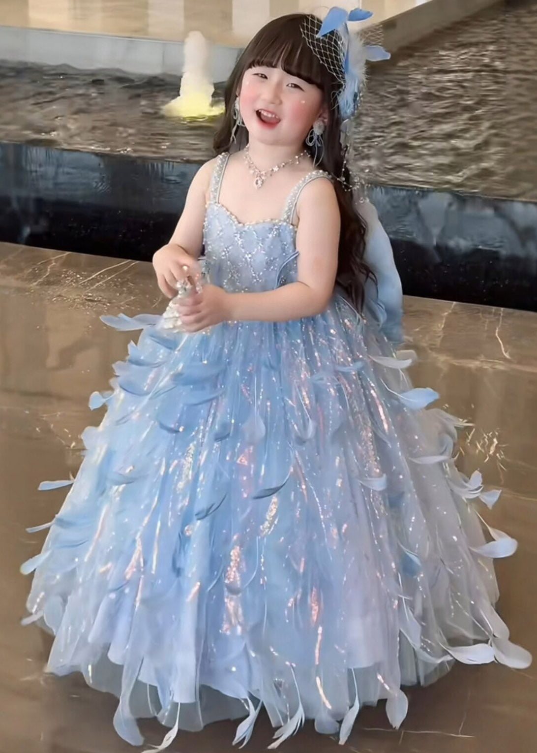 Modern Blue Pearl Patchwork Tulle Kids Maxi Spaghetti Strap Sleeveless