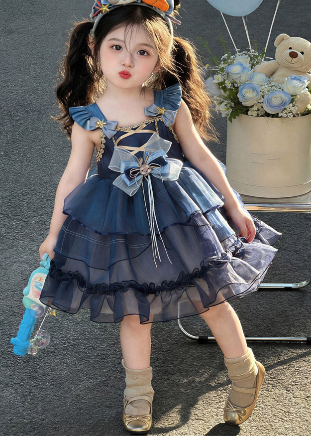 Modern Blue Ruffled Patchwork Tulle Kids Long Spaghetti Strap Dress Sleeveless