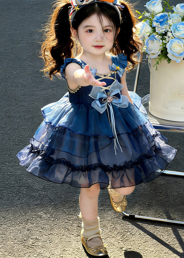 Modern Blue Ruffled Patchwork Tulle Kids Long Spaghetti Strap Dress Sleeveless