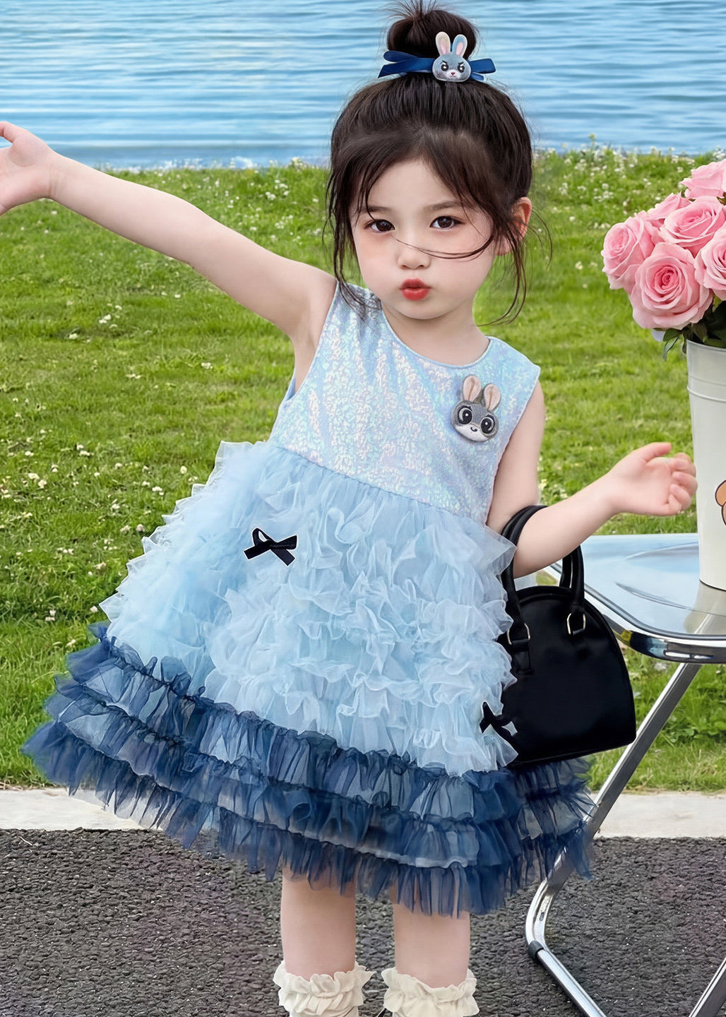 Modern Blue Ruffled Rabbit Tulle Kids Girls Dresses Summer