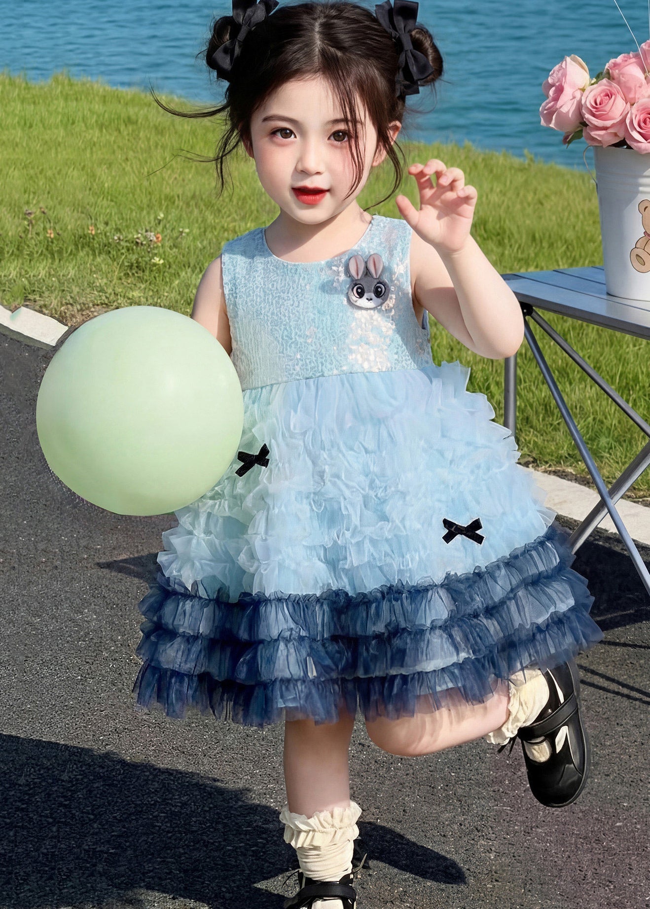 Modern Blue Ruffled Rabbit Tulle Kids Girls Dresses Summer