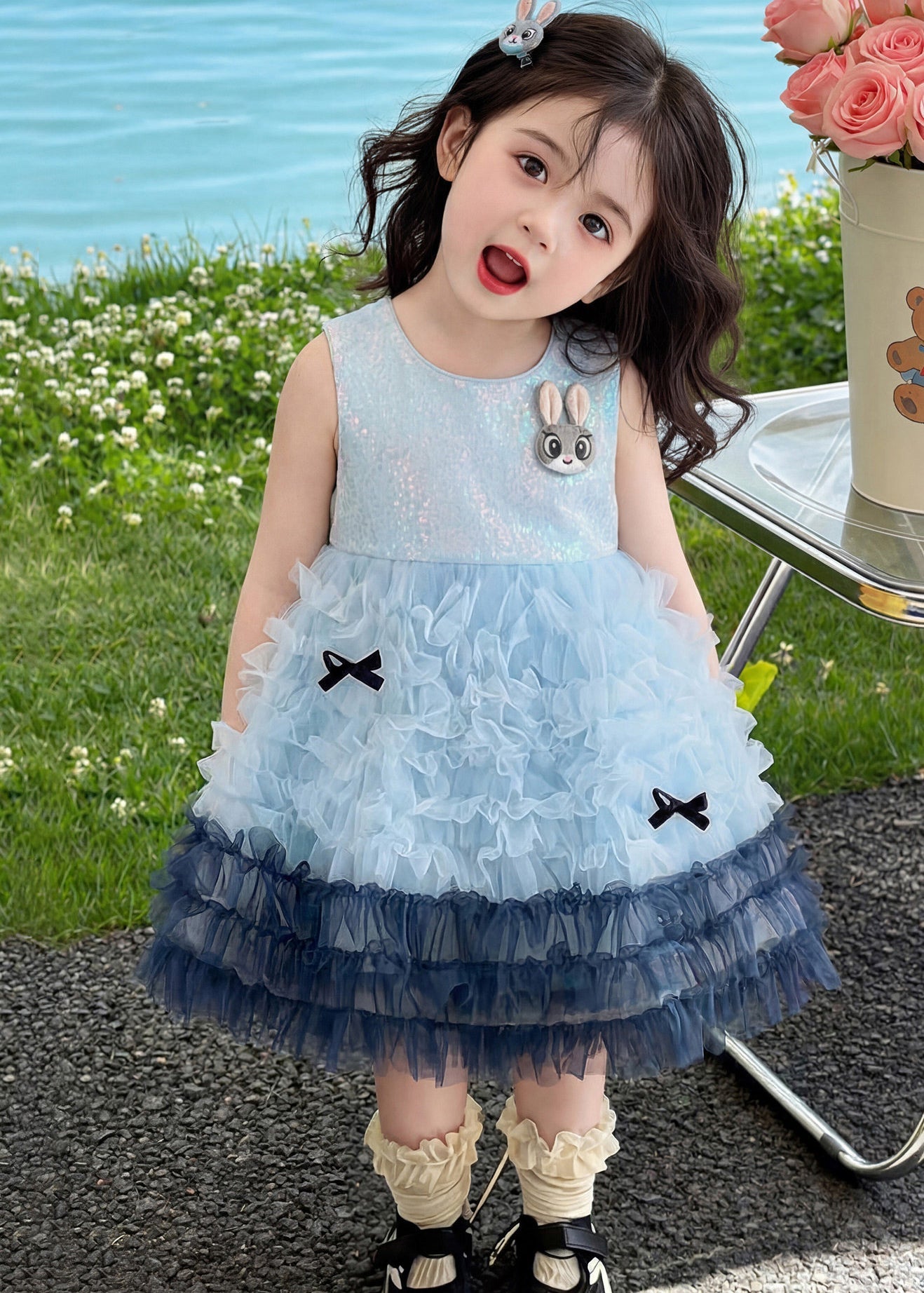 Modern Blue Ruffled Rabbit Tulle Kids Girls Dresses Summer