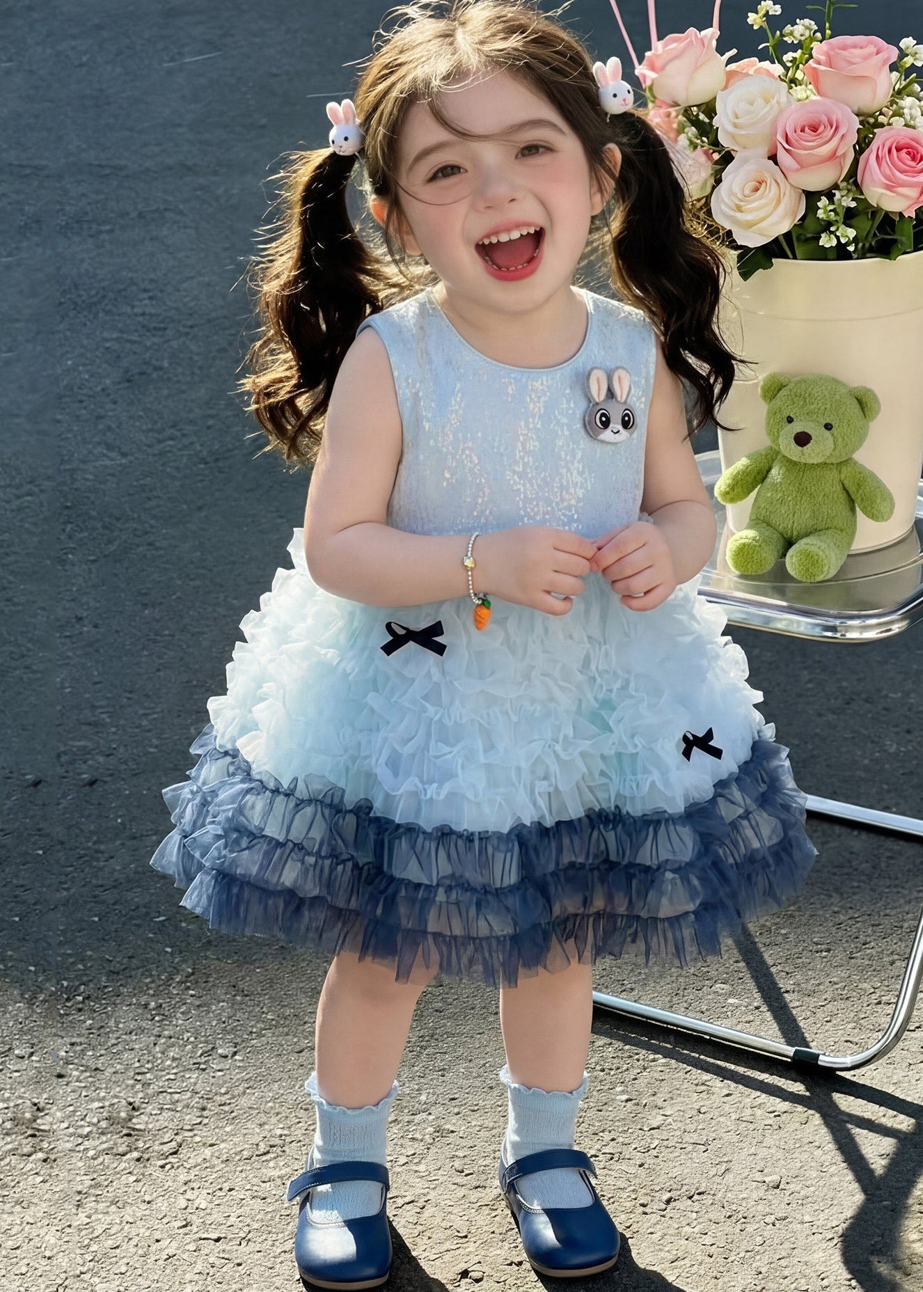 Modern Blue Ruffled Rabbit Tulle Kids Girls Dresses Summer