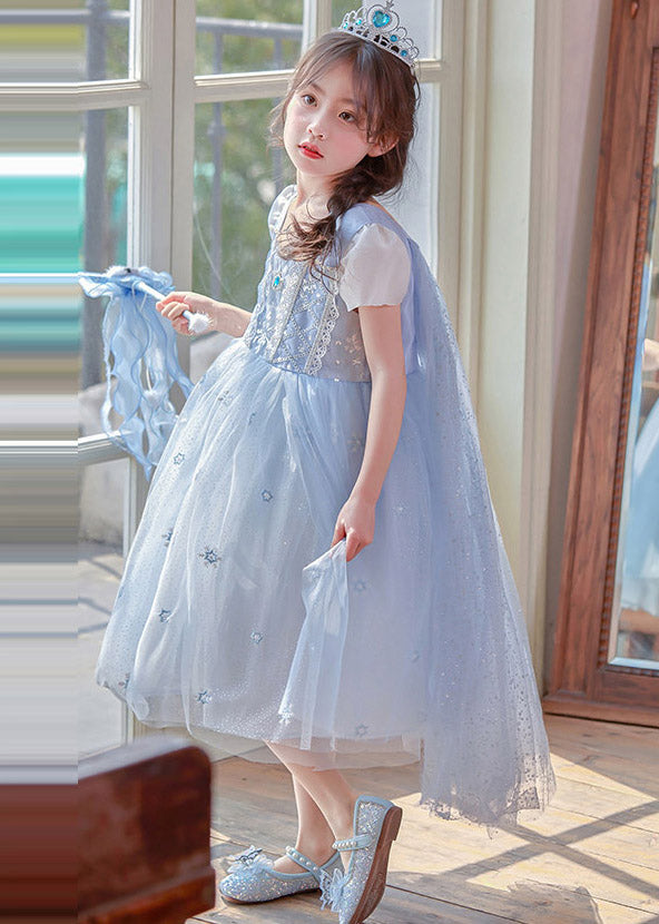 Modern Blue Square Collar Patchwork Tulle Girls Long Dresses Summer