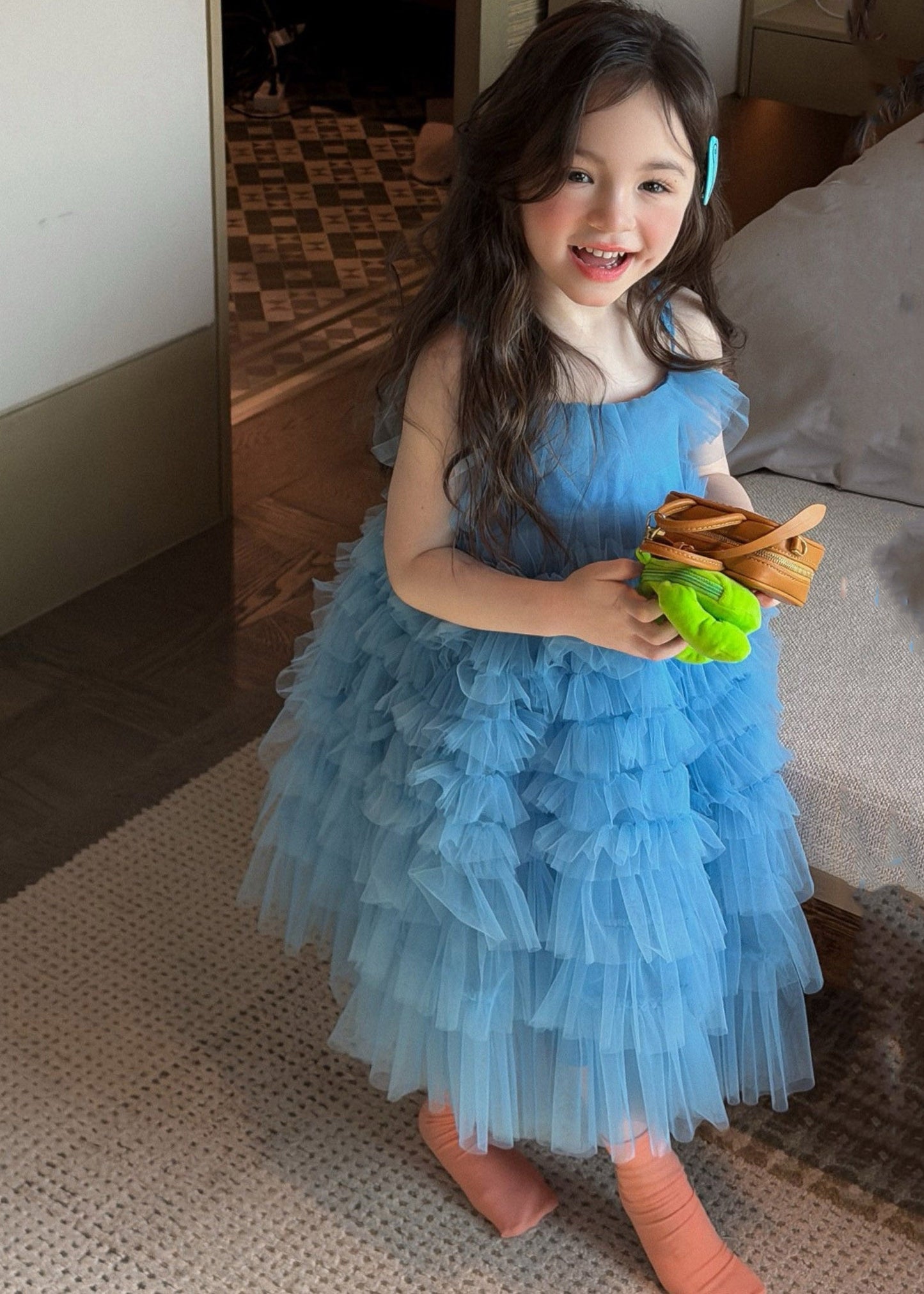 Modern Blue Square Collar Tulle Kids Maxi Spaghetti Strap Dress Sleeveless