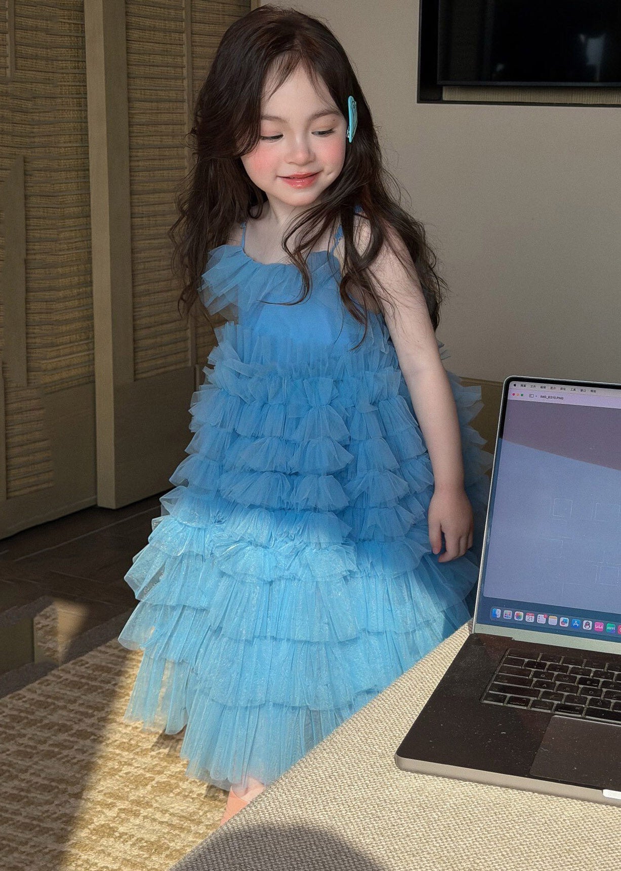 Modern Blue Square Collar Tulle Kids Maxi Spaghetti Strap Dress Sleeveless