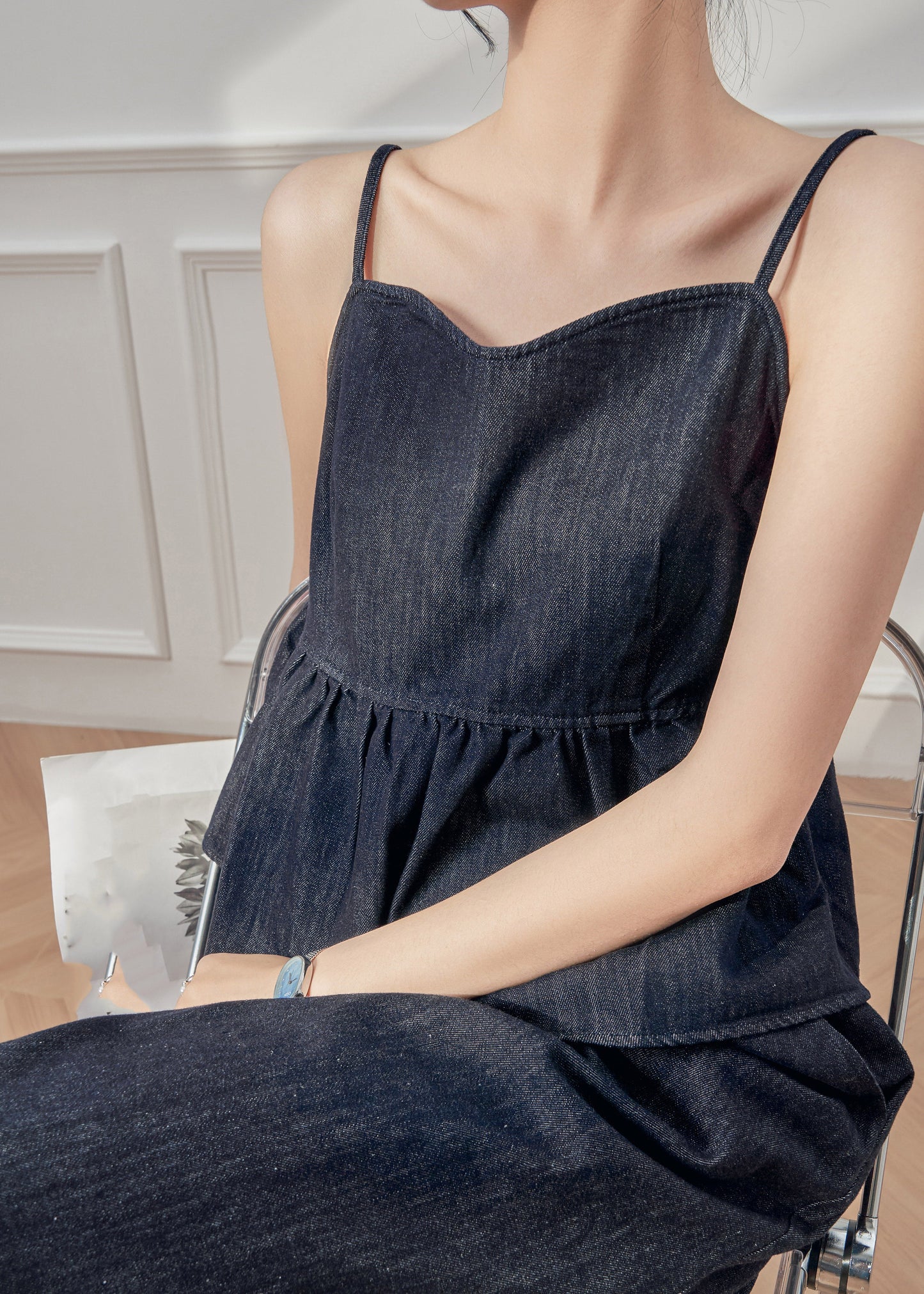 Modern Dark Blue Lace Patchwork Denim Vest And Crop Pants Two Pieces Set Sleeveless